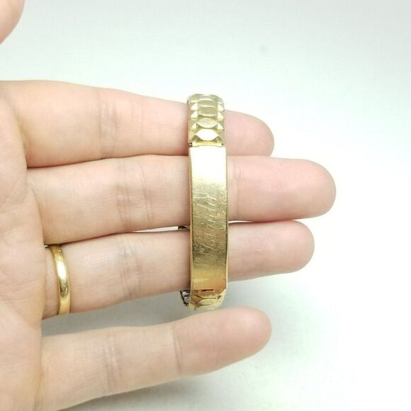 Vintage Engraved ID Bracelet, Linda Love Jim Gold Tone Stretch Band Bangle - Picture 5 of 7